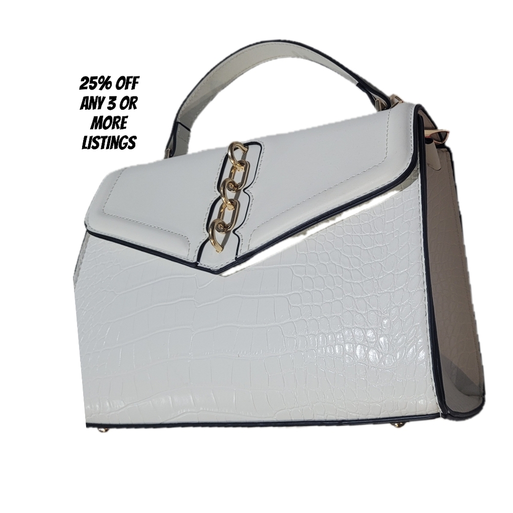 Elegant White Croc-Embossed Handbag Faux Leather Purse Top Handle Bag Carryall